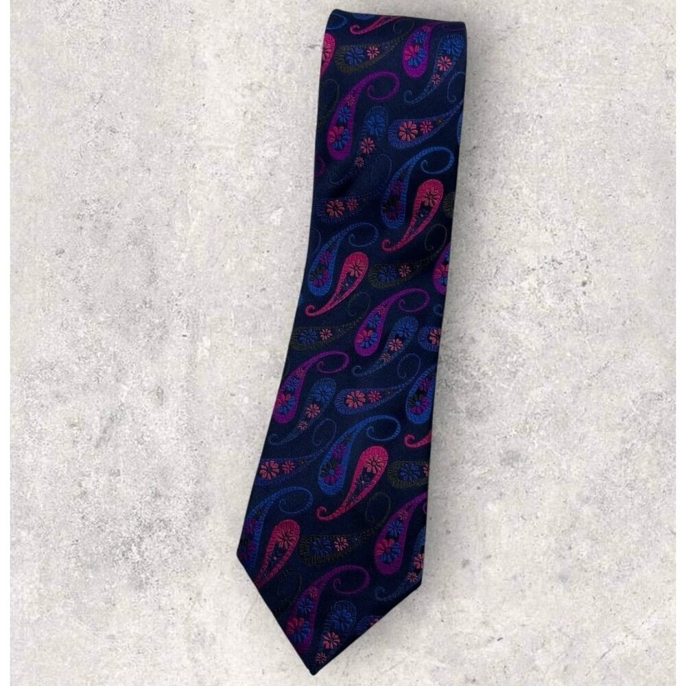 BUGATCHI Silk Tie ITALY XL Navy Blue Pink Paisley W:3.5" EUC